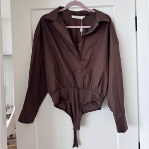 ASTR Chocolate Brown Button-Front Long-Sleeve Bodysuit